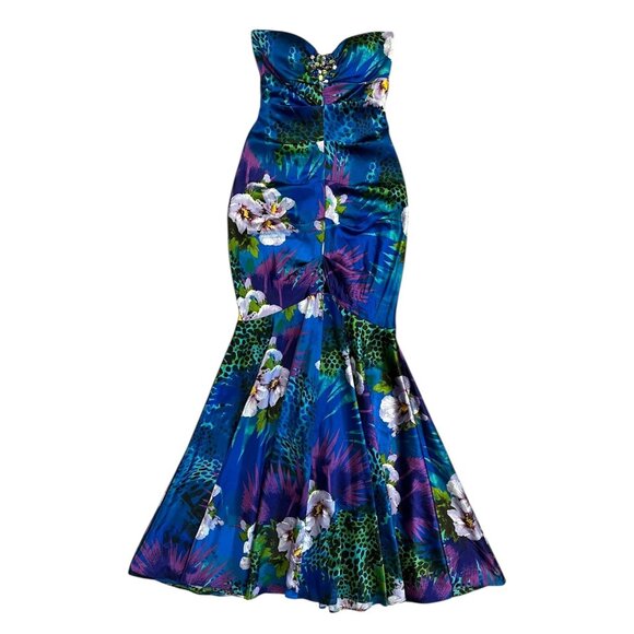 Cache Strapless Floral Mermaid Gown Blue Size 2 Y2K Glam Gaudy Maximalist Formal - Picture 1 of 14